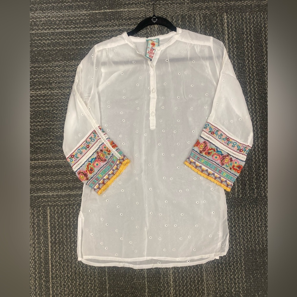 Johnny Was White Eyelet Embroidered Rayon Tunic/Beach Cover Up XS